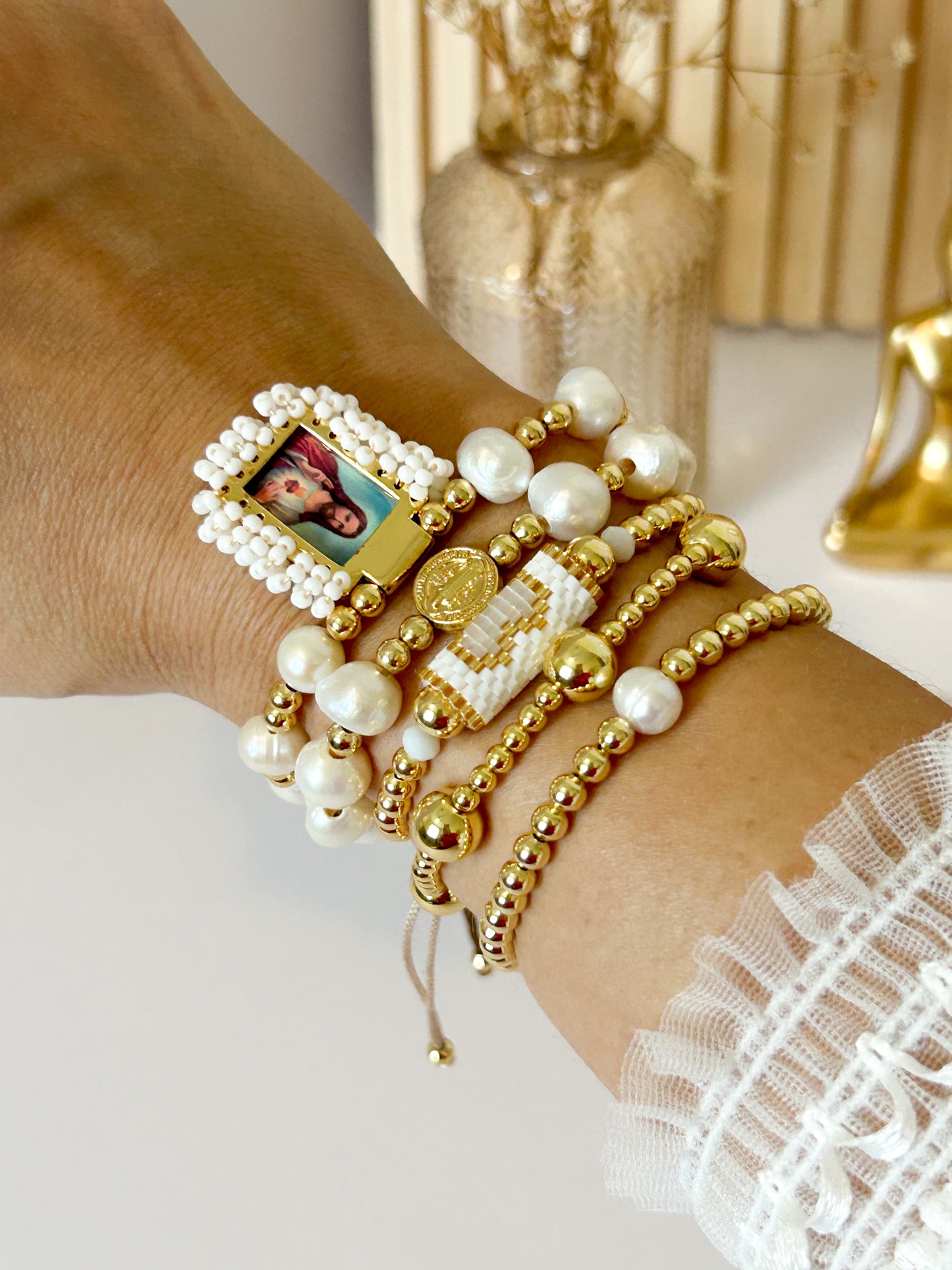 Felicia Bracelet Stack – Gold & Pearl Faith Jewelry Gift